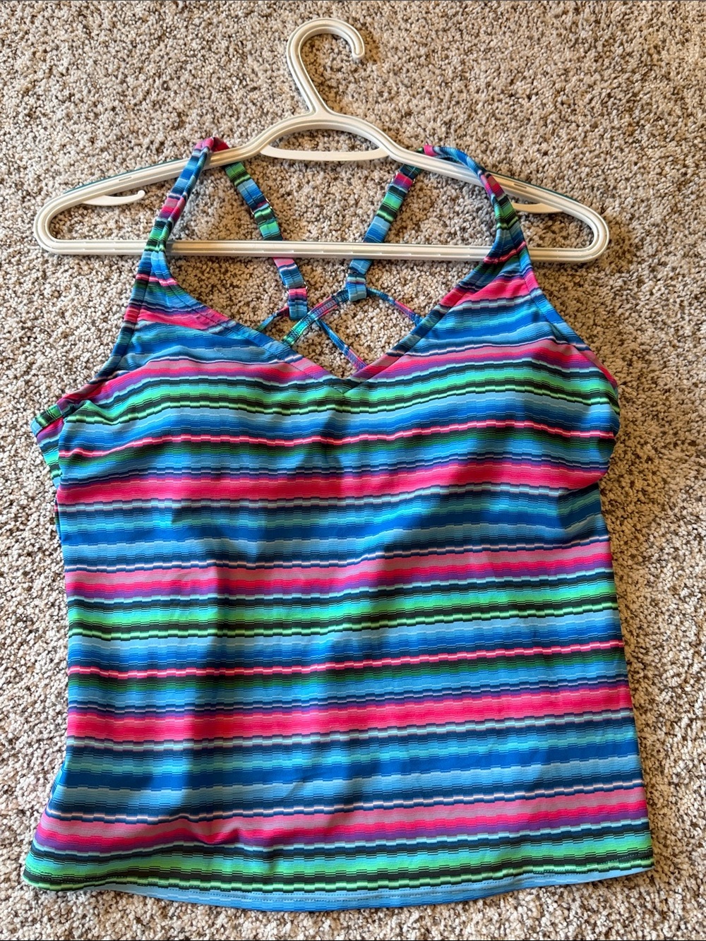 Eco Beach Striped Crisscross Swim Tankini - Blue, Pink & Green